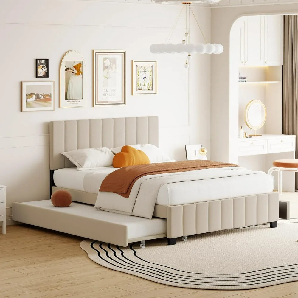 Beige Queen Upholstered Platform Bed with Storage Drawers and Twin XL Trundle, No Box Spring Required