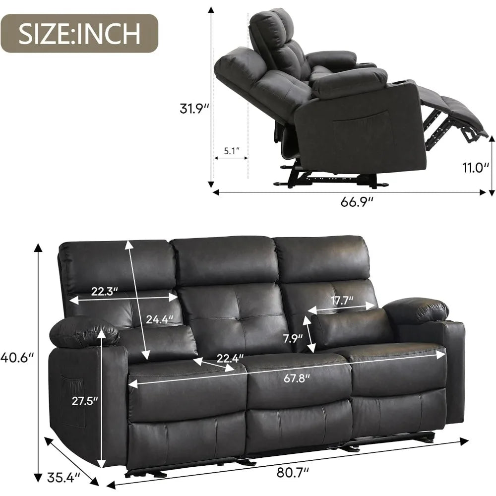Heated and Massage 3-Seater Power Reclining Sofa with Extended Footrest and USB Ports