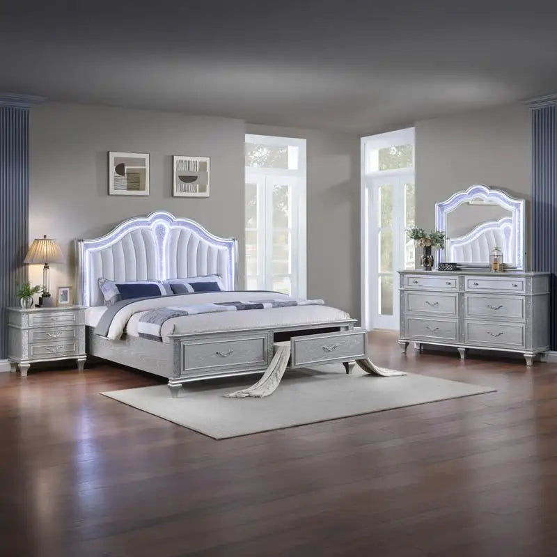 Contemporary Upholstered LED Queen Bedroom Set 4PC