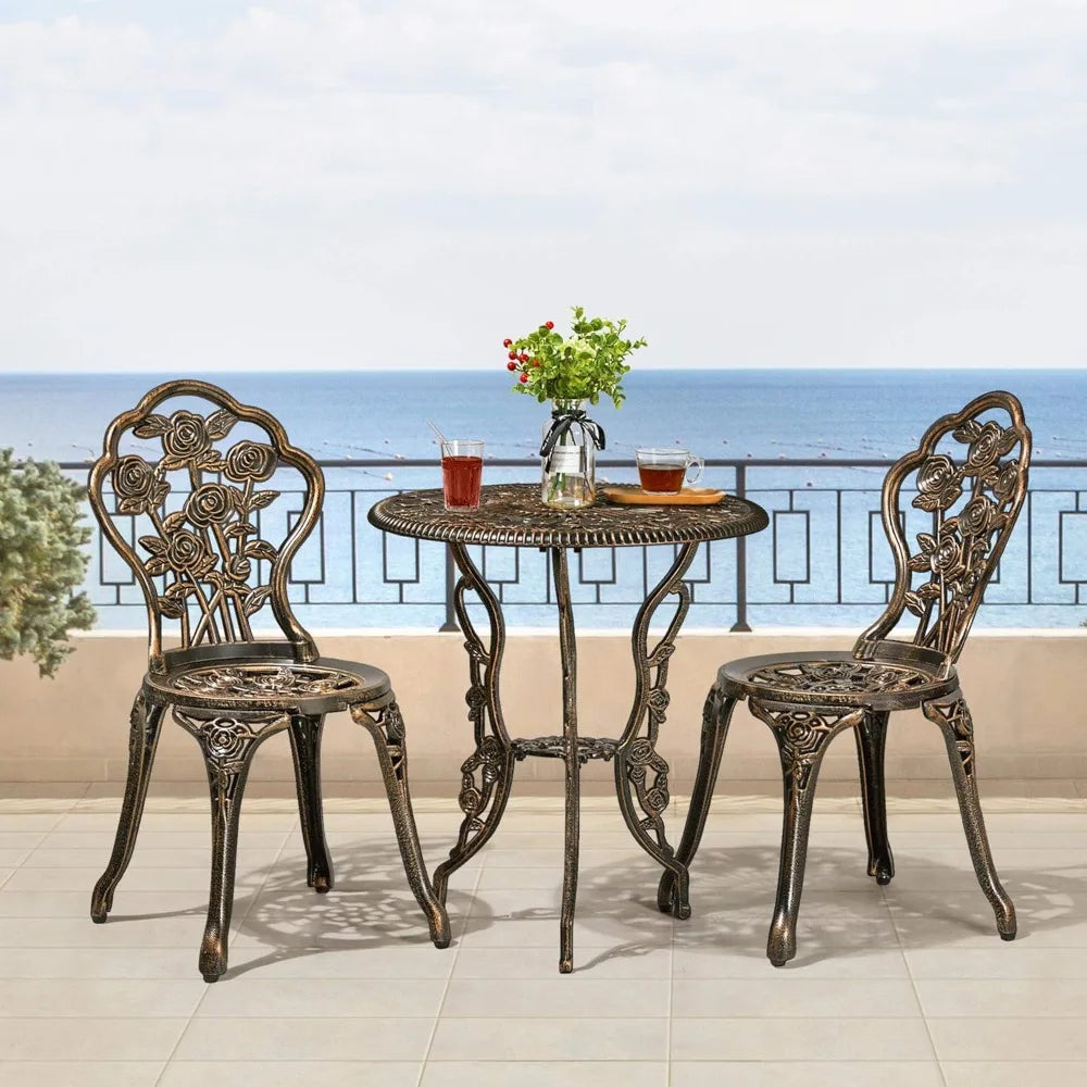 3-Piece Outdoor Bistro Set w/Rose Design, Rust-Resistant Cast Aluminum Table and Chairs w/Umbrella Hole for Balcony, Backyard, Garden
