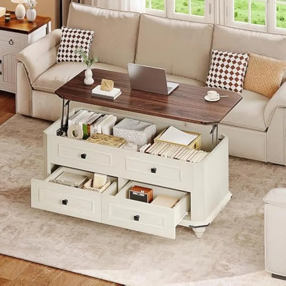 Lift Top Coffee Table with Storage, Farmhouse Wood Central Table w/Large Hidden Compartment, 2 Storage Drawers, Lift Tabletop