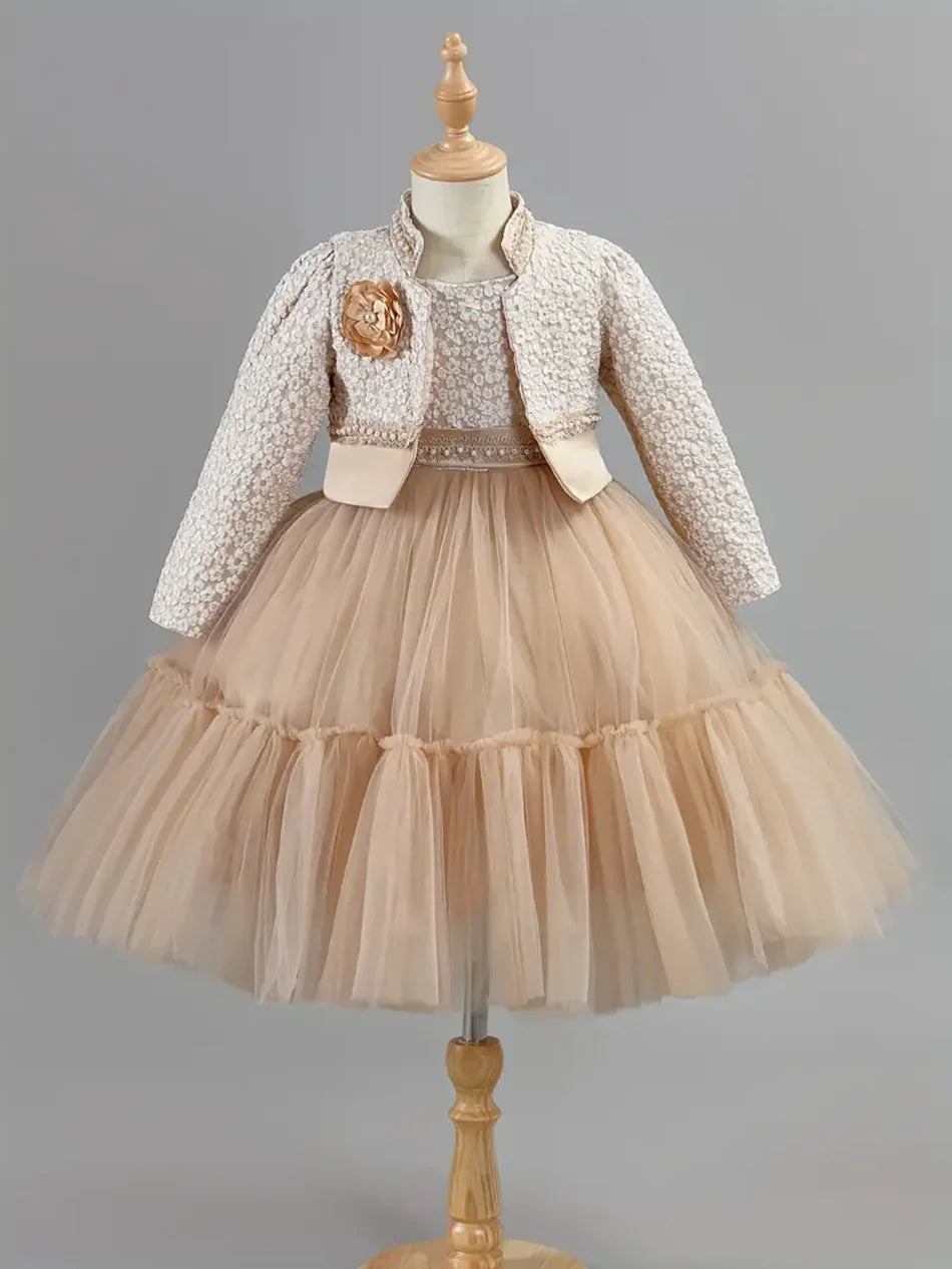 Girls Dress Set Spring Autumn Khaki Lotus Lace Fashion Children Clothes/ Cute Princess Dresses and Coat Outfits 2-8 Year