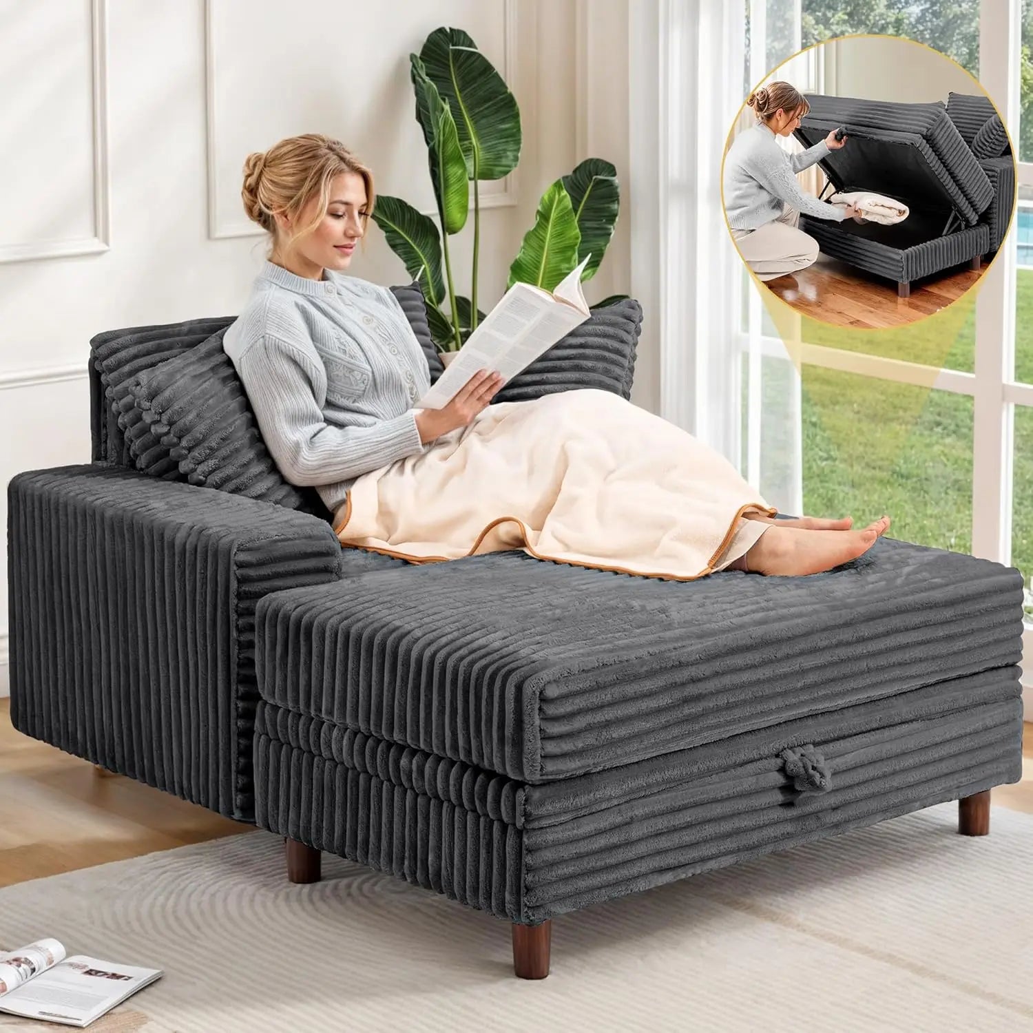 54" Oversized Chaise Lounge Chair Indoor, Comfy Sofa Bed with Storage and Ottoman, Upholstered Reading Chairs, Cloud Couches