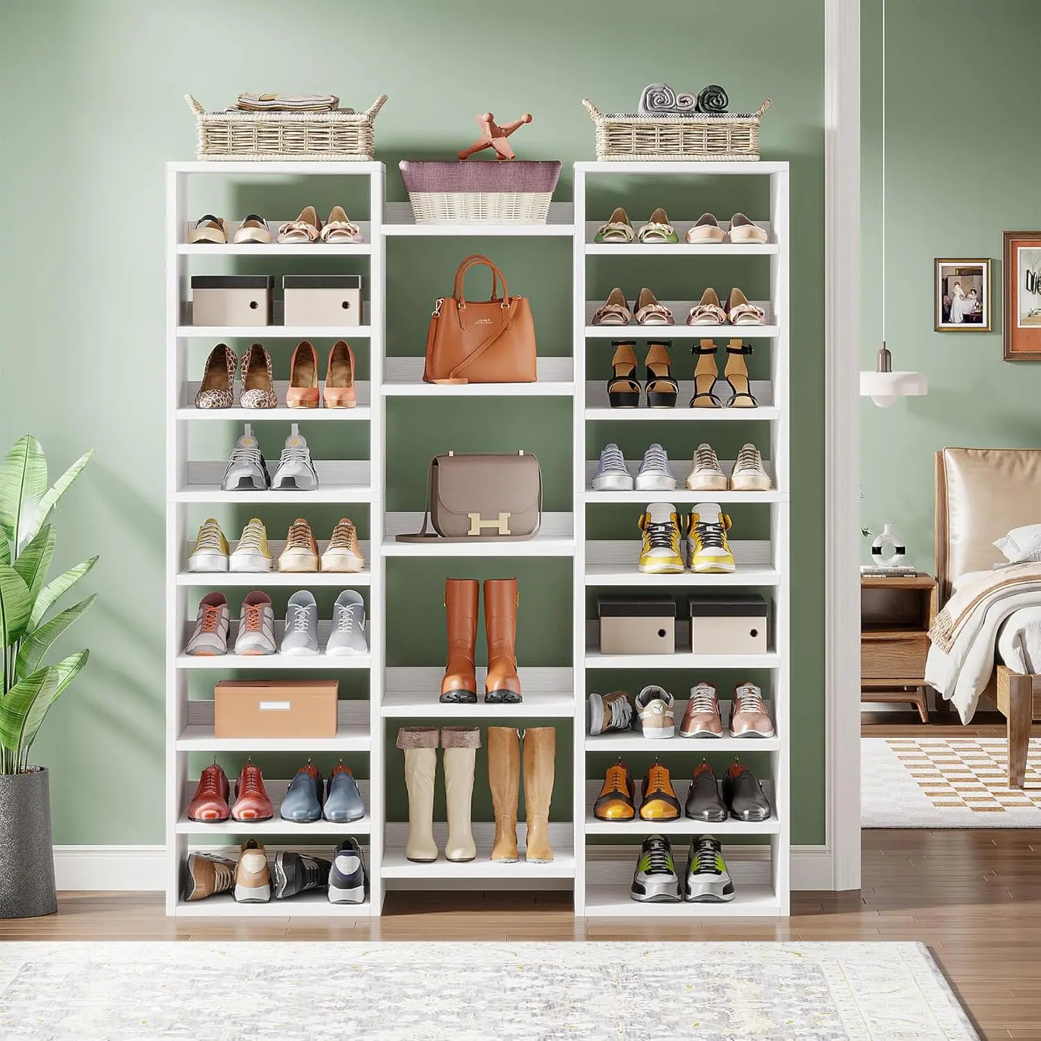 14 Tier Shoe Storage Cabinet, 46 Pair Wooden Shoe Rack Organizer with 22 Open Cubbies for Closet Hallway Bedroom