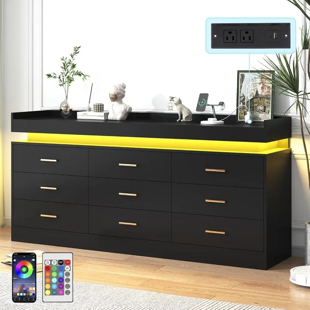 9 Drawer Dresser with Charging Station and LED Lights, Modern Chest of Drawers with Power Outlet, Organizer Cabinet for Bedroom,