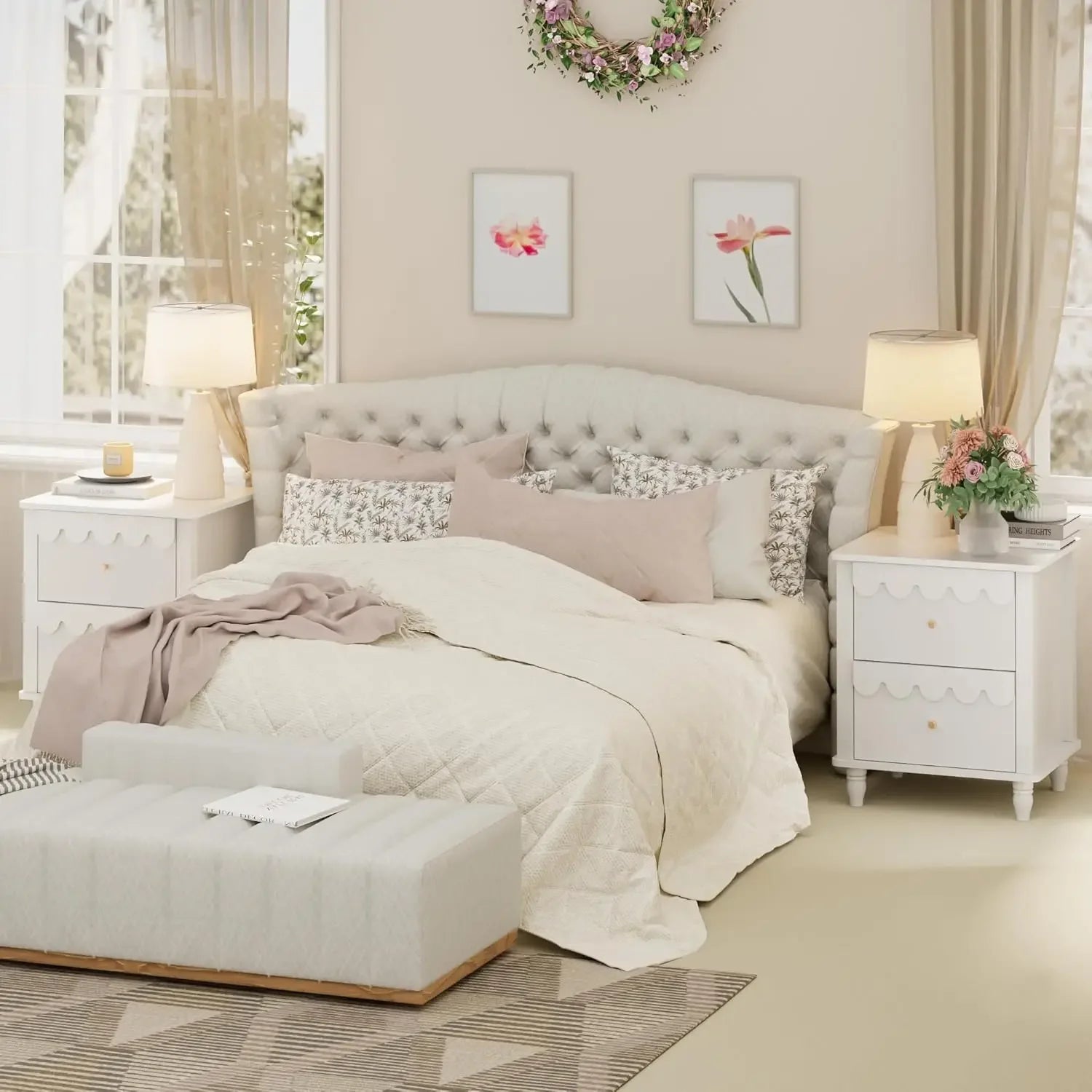 Nightstand Side End Table with 2 Drawers, Modern Wood with Petal Pattern for Bedroom