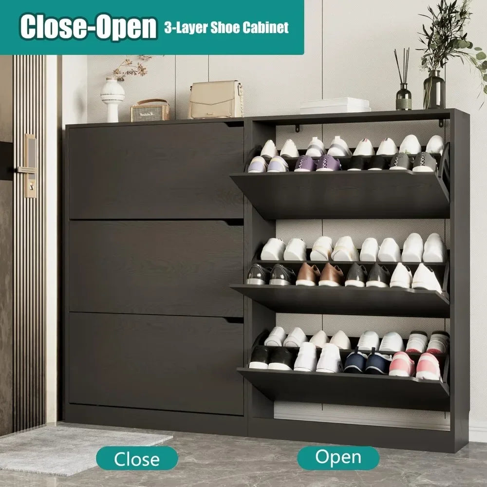 Shoe Storage Cabinet for Entryway with 3 Flip Drawers, Sturdy Wood Hidden Shoe Storage, Freestanding Narrow Slim Shoe Organizer