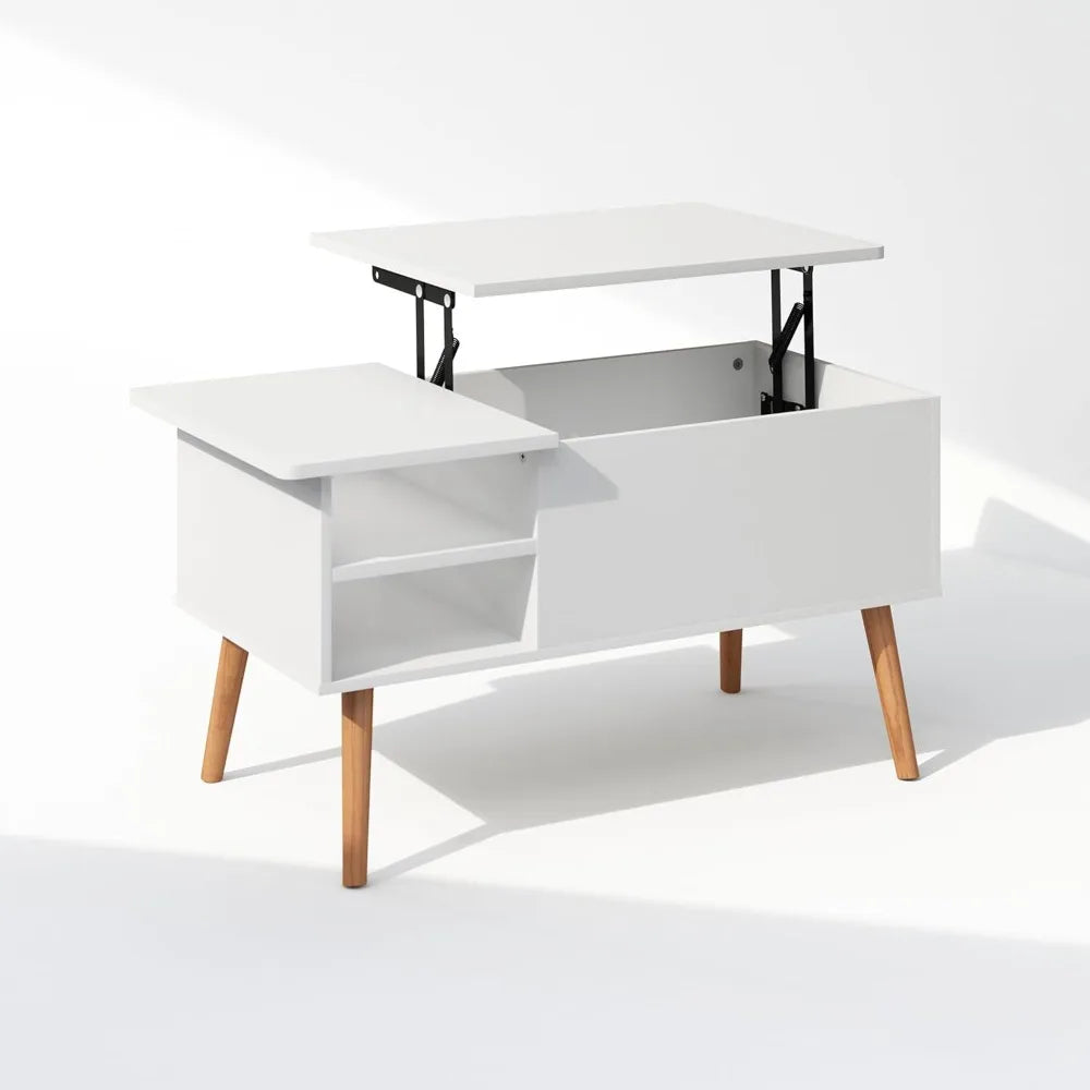 Jensen Wooden Leg Lift Top Coffee Table with Hidden Compartment and Side Open Storage Shelf for Living Room, Solid White