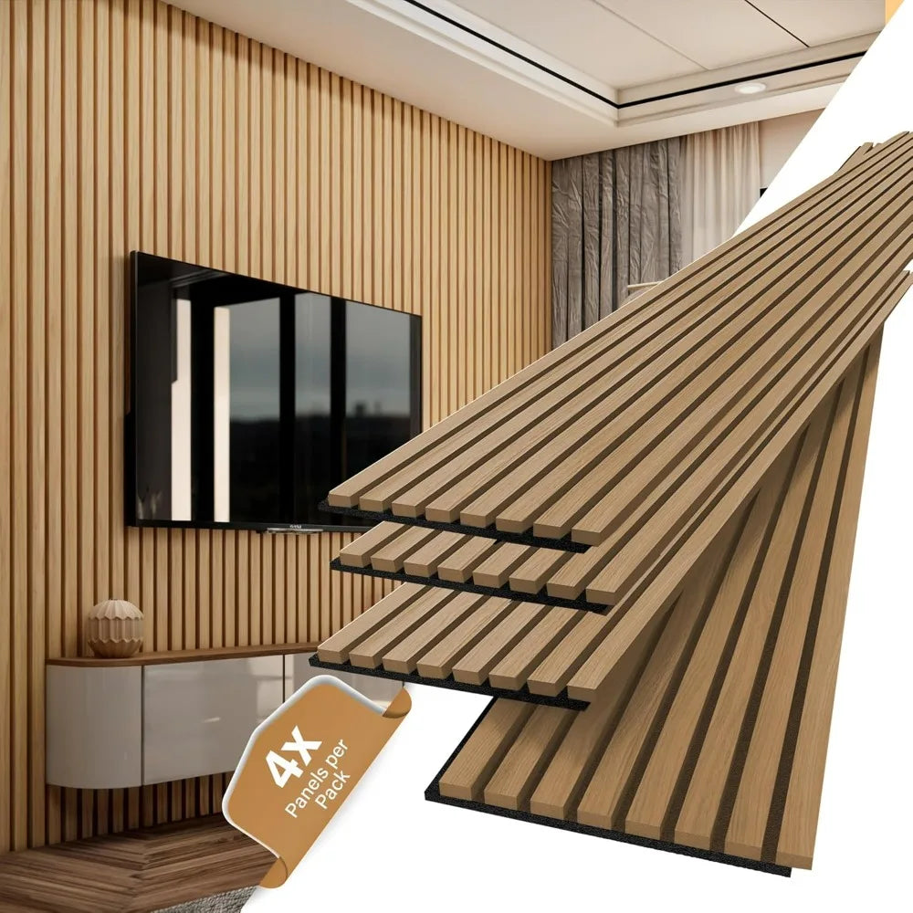 4-Piece Oak Wood Acoustic Wall and Ceiling Panels, 3D Fluted Design for Sound Absorption, 94.5 x 7.9 Inches