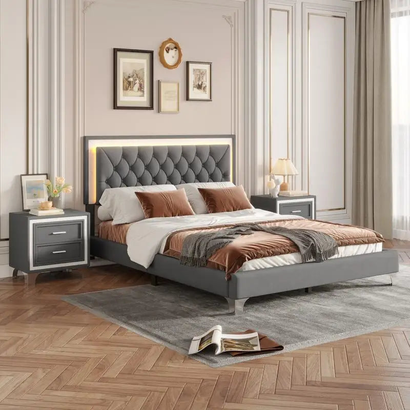 Queen Size Upholstered Platform Bed with LED Lights and 2 Nightstands in Gray - 3-Piece Bedroom Set