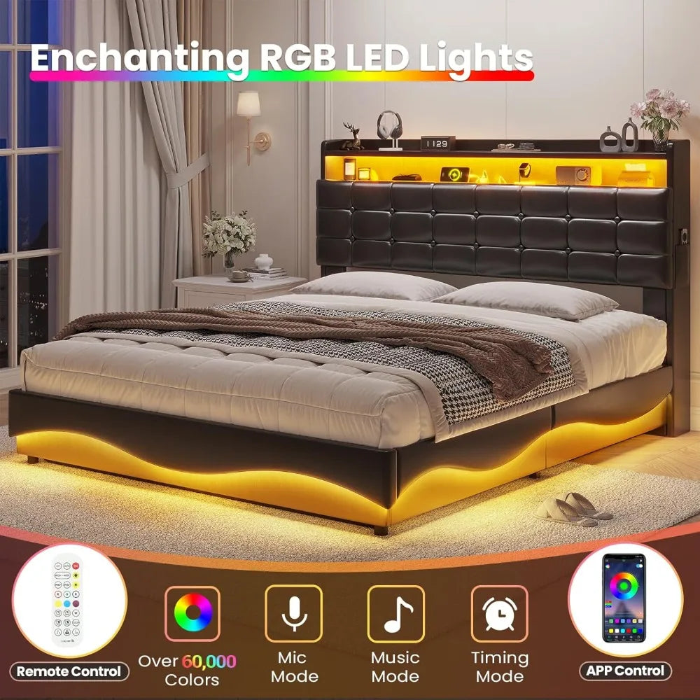 Lift Up Storage Queen Bed Frame with Type-C Charging Station & Hidden Storage Headboard, LED Lights Upholstered Platform
