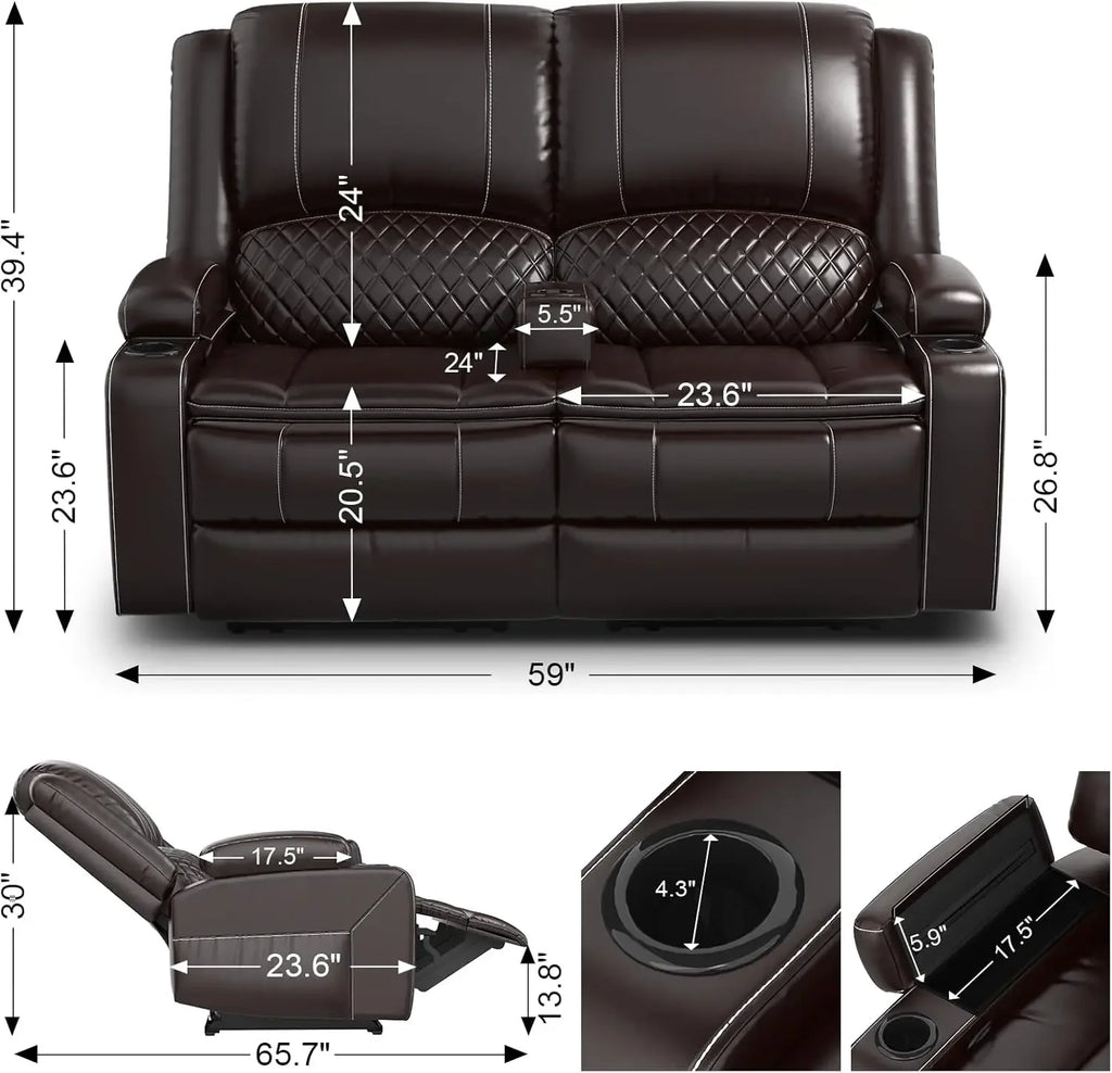 Adult Dual-Tier Faux Leather Reclining Loveseat with Detachable Armrest