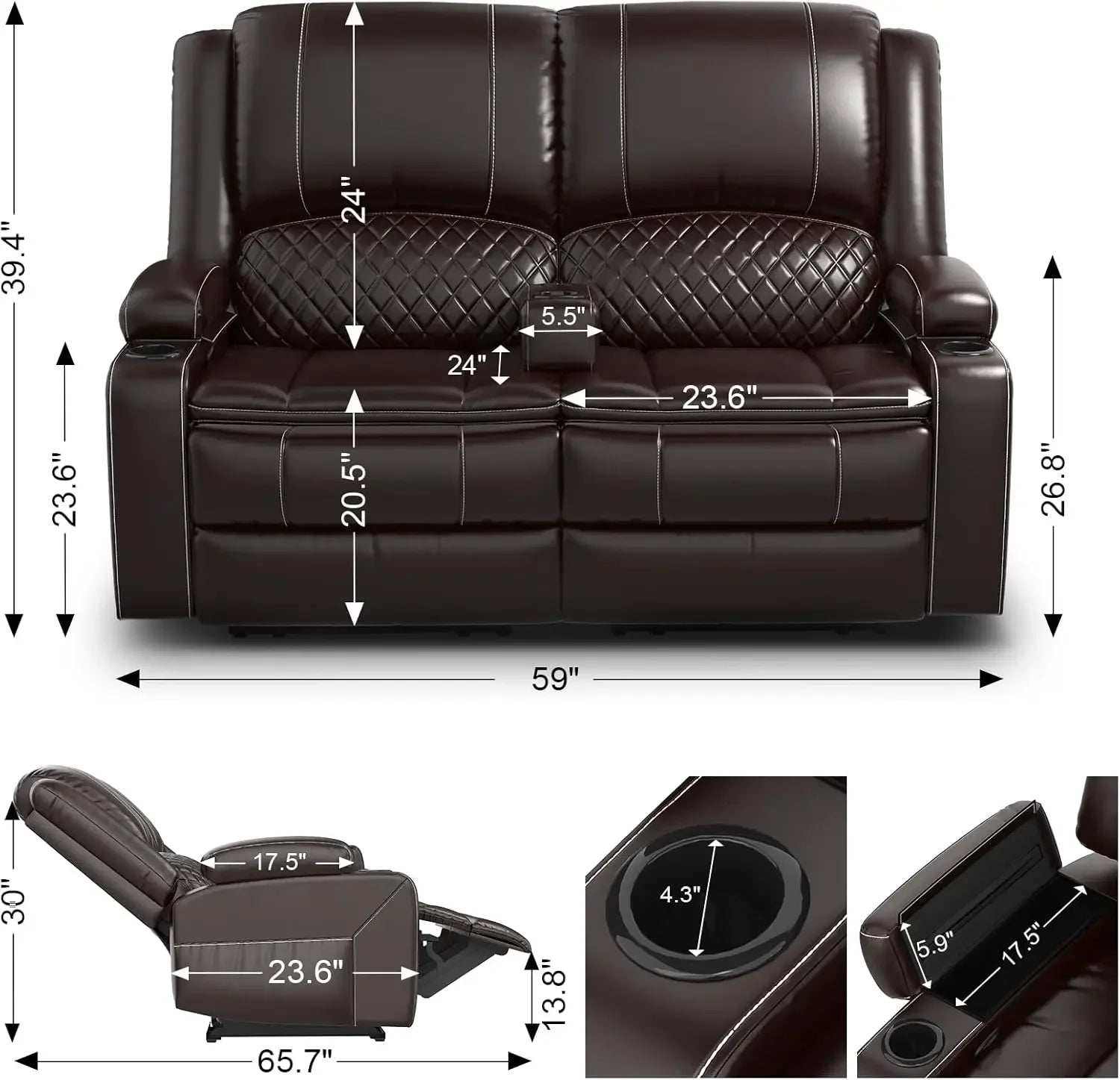 Adult Dual-Tier Faux Leather Reclining Loveseat with Detachable Armrest