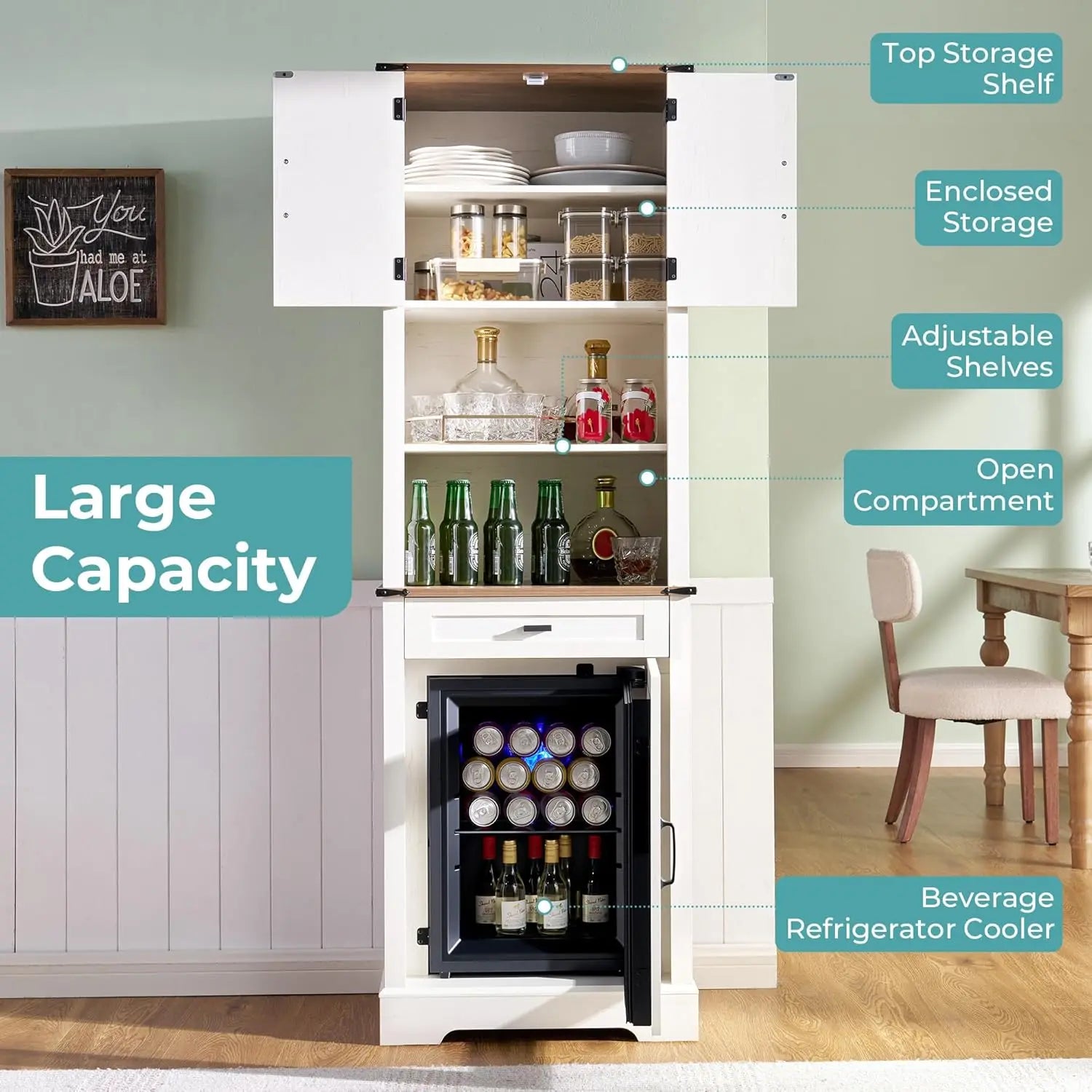 Bar Cabinet with Fridge (Included), 69" Farmhouse Wine Cabinet with Storage Drawers & Adjustable Shelves