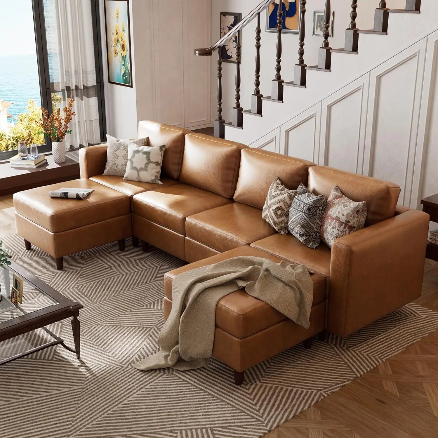 Oversized Modular Sectional Sofa, 118.5" Faux Leather/ 6 Seater U Shaped Couch with Movable Ottoman and Storage Seat