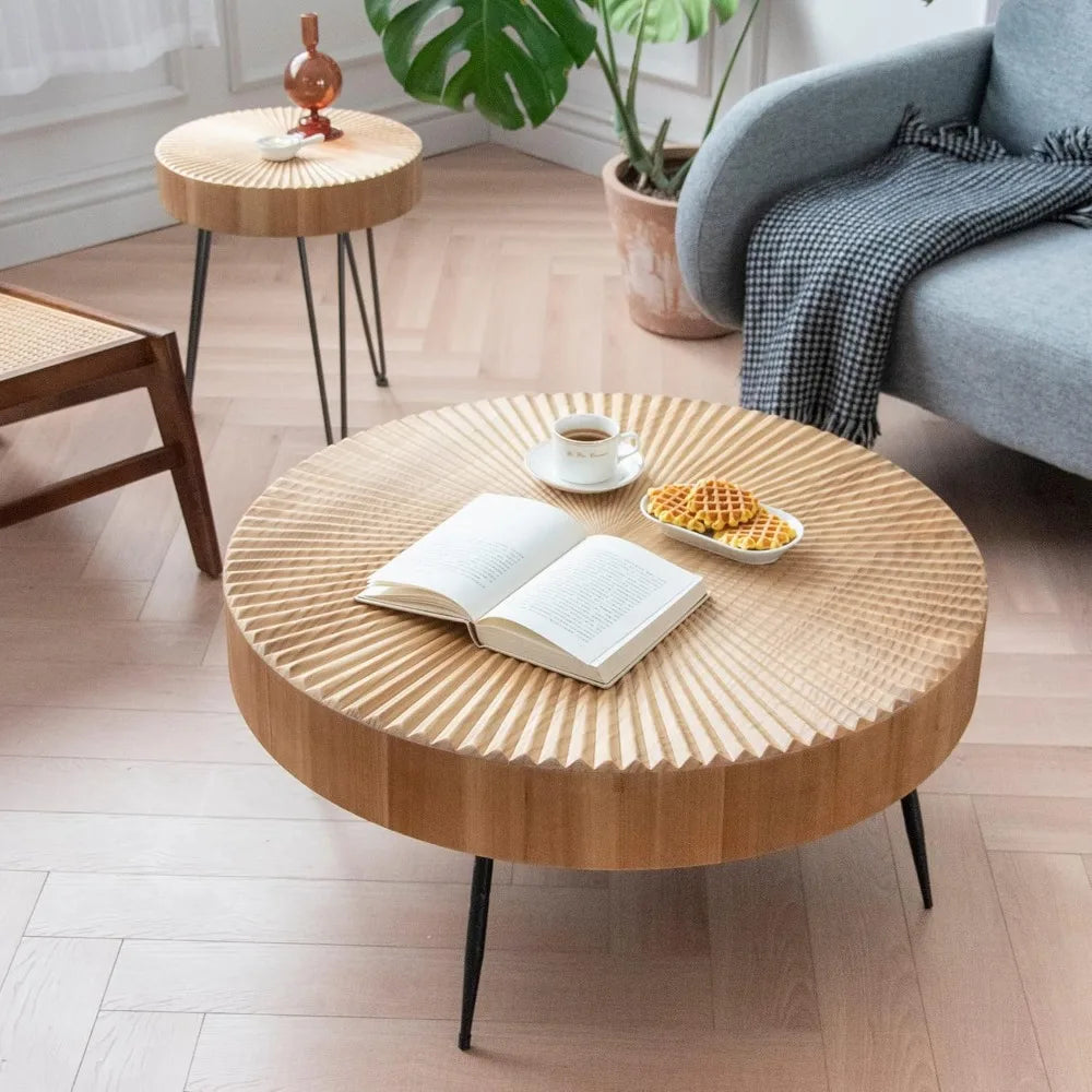 2-Piece Farmhouse Nesting Table Round with Handcrafted Wood Radial Pattern, Modern Coffee Table Set for Living Room