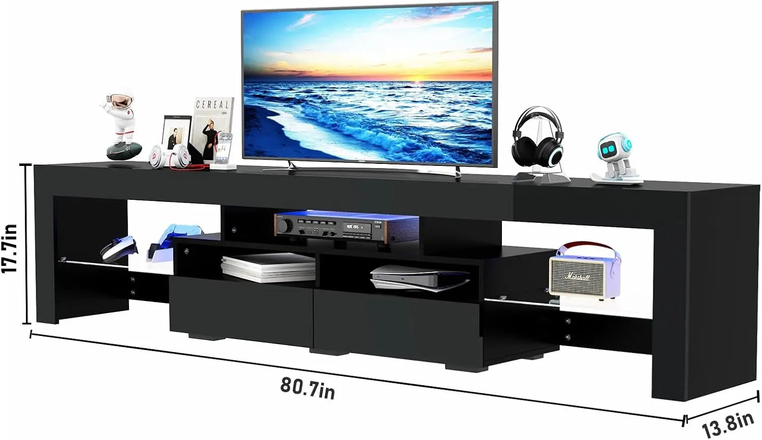 LED TV Stand for 75/85/90 inch TV, High Glossy Modern Entertainment Center with Drawer and Led Lights, Television Table Media