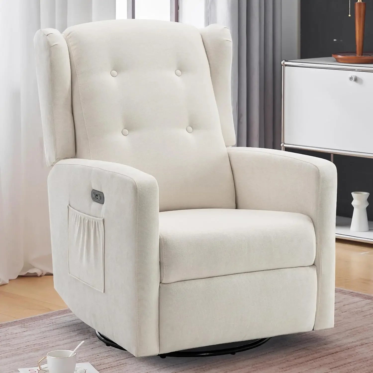 Power Swivel Rocking Recliner Chair, Electric Rocker Nursery Glider Chair, Upholstered Fabric/ Reclining Single Sofa Chair