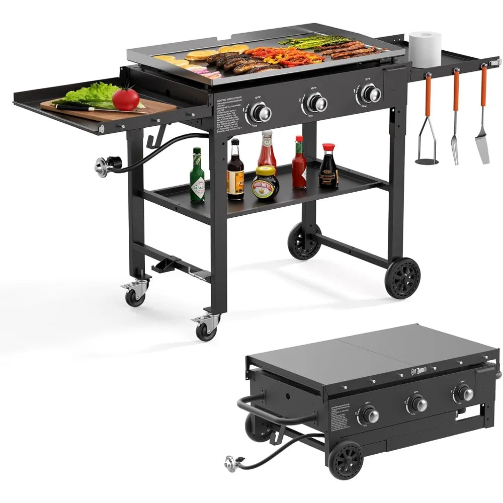 Flat Top Gas Grill-31.5 Inch Outdoor Propane Griddle, Portable Gas Griddle -45000 BTU Propane Fueled, 3 Burners, Table Top Foldable