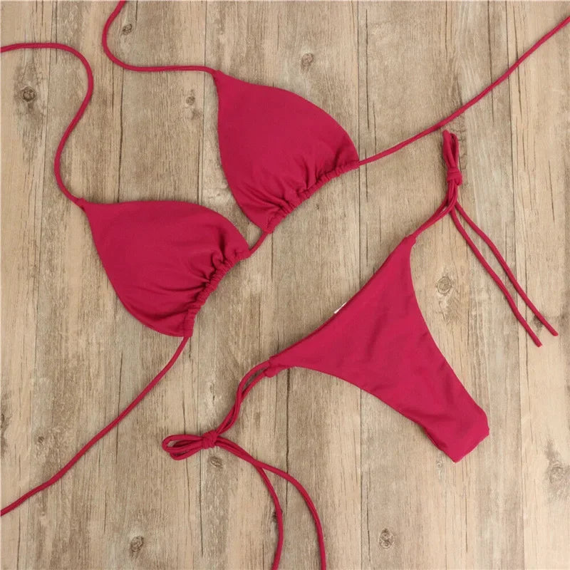 Bikini Sexy Swimsuits Swimwear Swimming Suit for Women Hanging Neck Tie Up Bikini Solid Color Sexy Split Strap Swimsuit Set