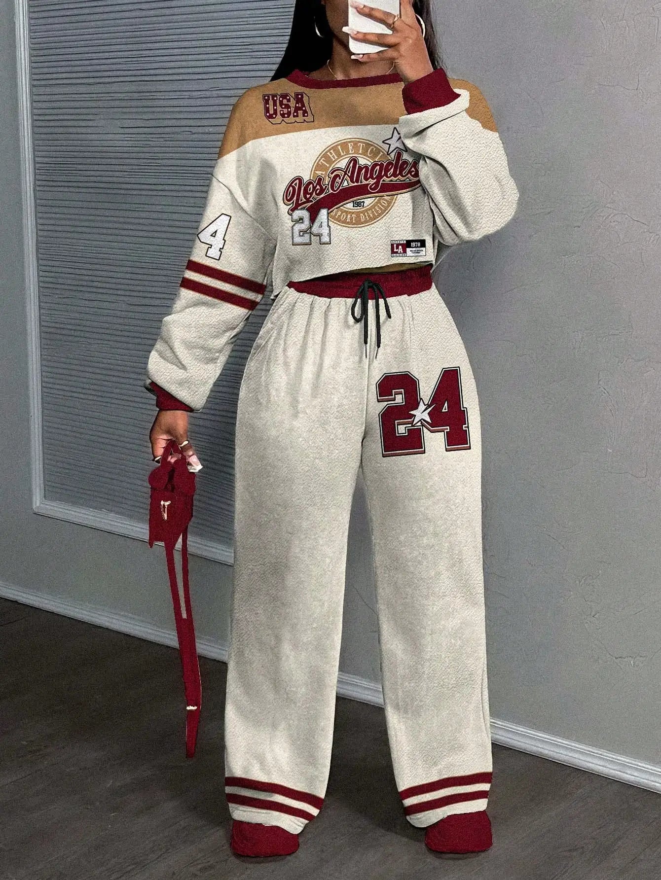 California 23 Two Piece Set Women's Streetwear Crop Top & Wide Leg Pants/Fall Winter