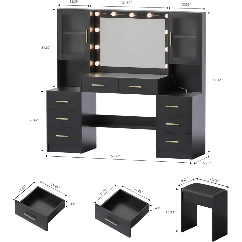 Illuminated Makeup Desk with 58.3" Mirror, Charging Station, and Storage for Beauty Essentials