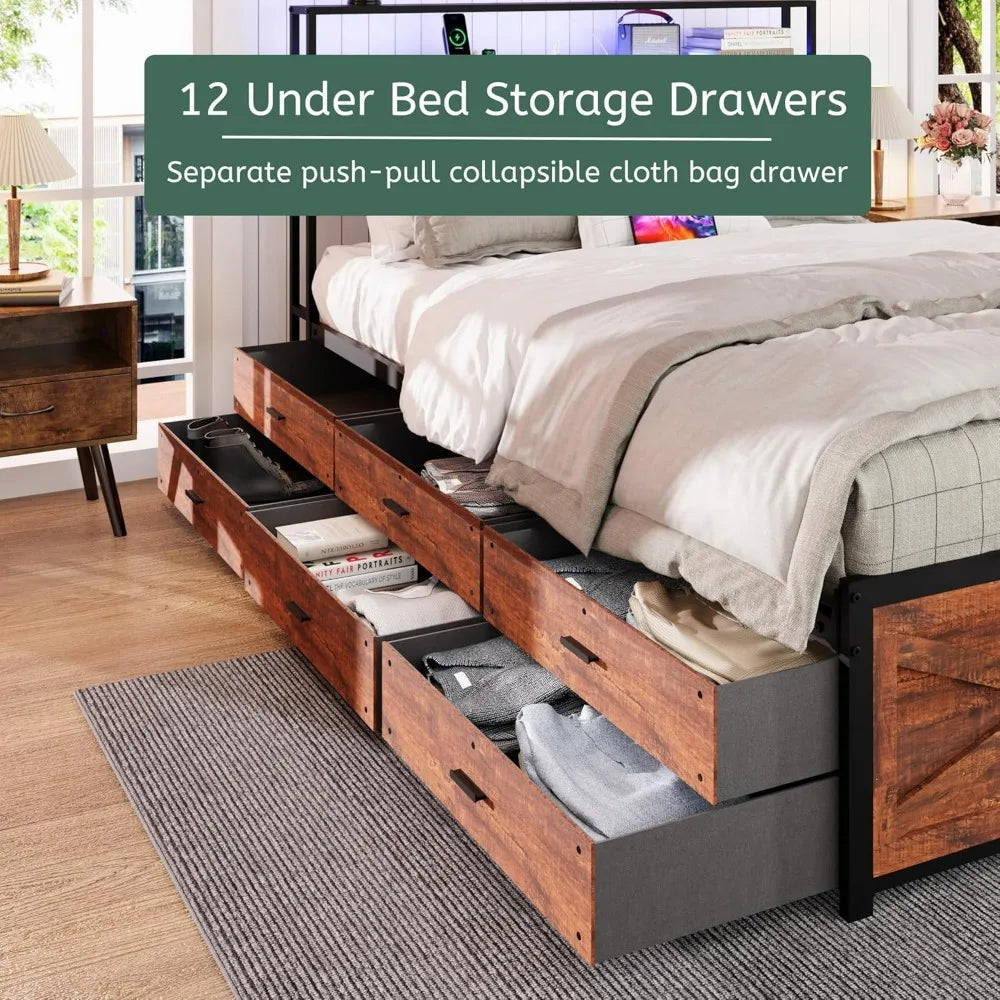 Queen Size Bed Frame with Storage, 12 Drawers, LED Lighting, Metal Slat Support Mattress Foundation