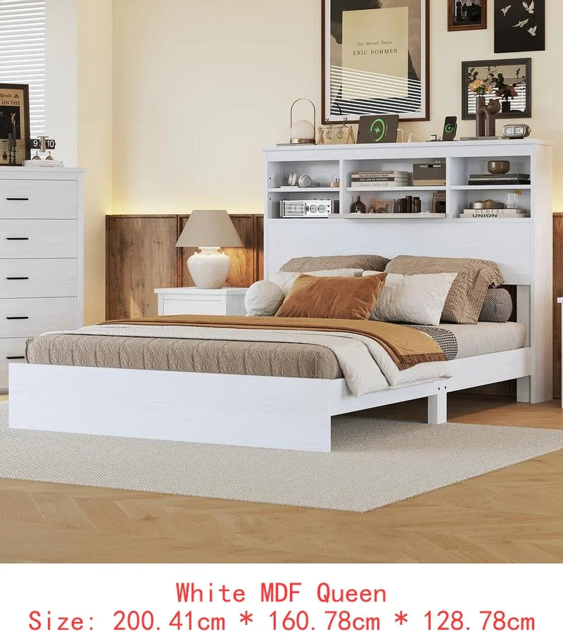 Vintage Queen Bedroom Set, 4 Pieces - Wooden Bed Frame, 2 Nightstands & 1 Dresser in White Finish
