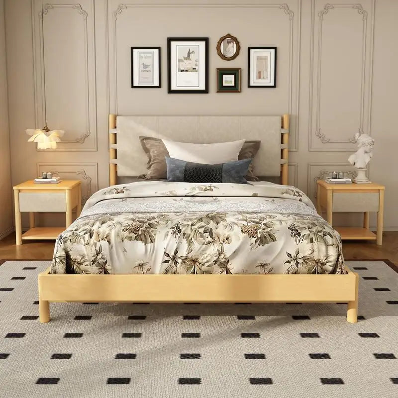 Modern Queen Bed Frame Set with 2 Nightstands, Beige Wood Platform Bed with Headboard