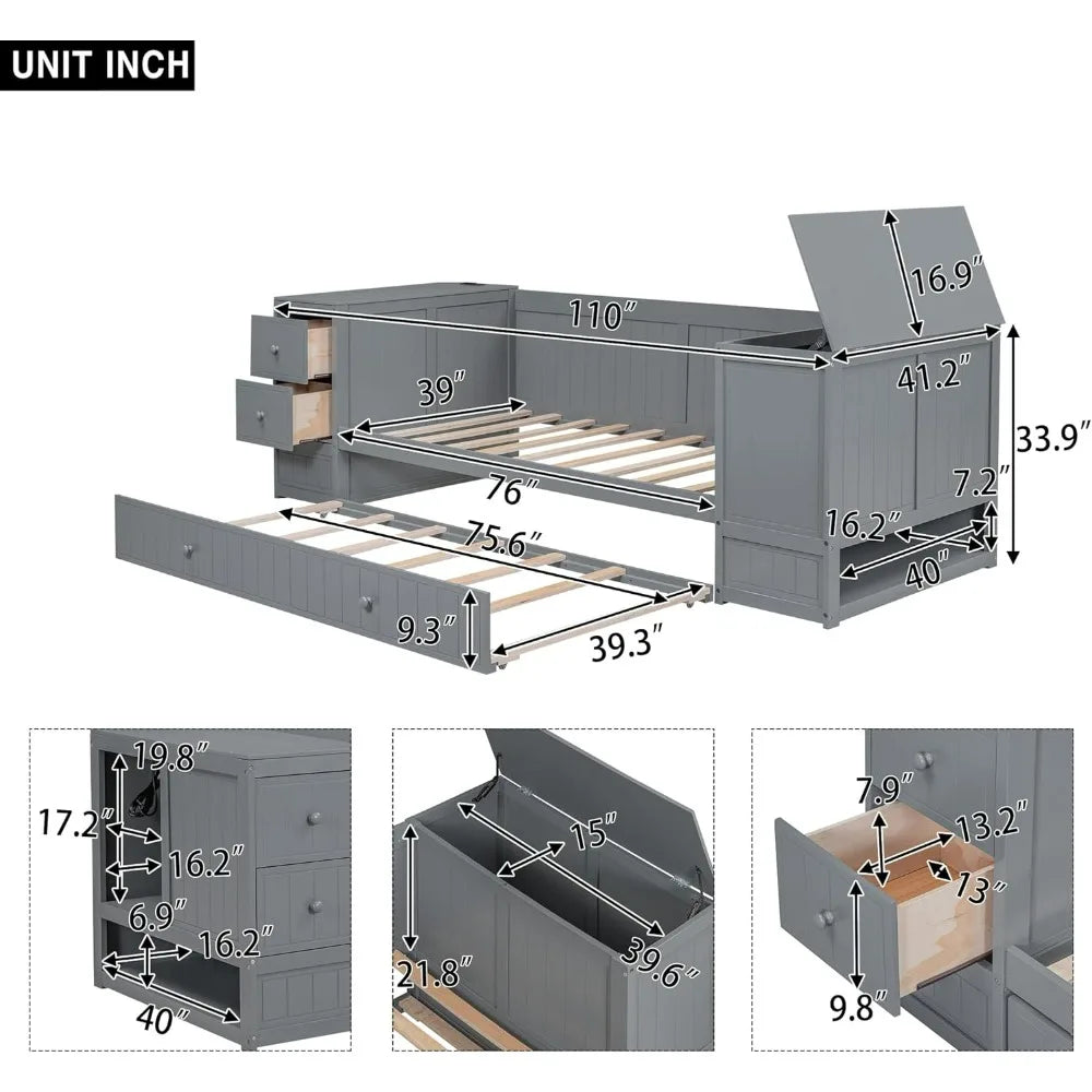 Gray Wood Twin Daybed with Trundle, Storage Arms, and Charging Station for Bedroom