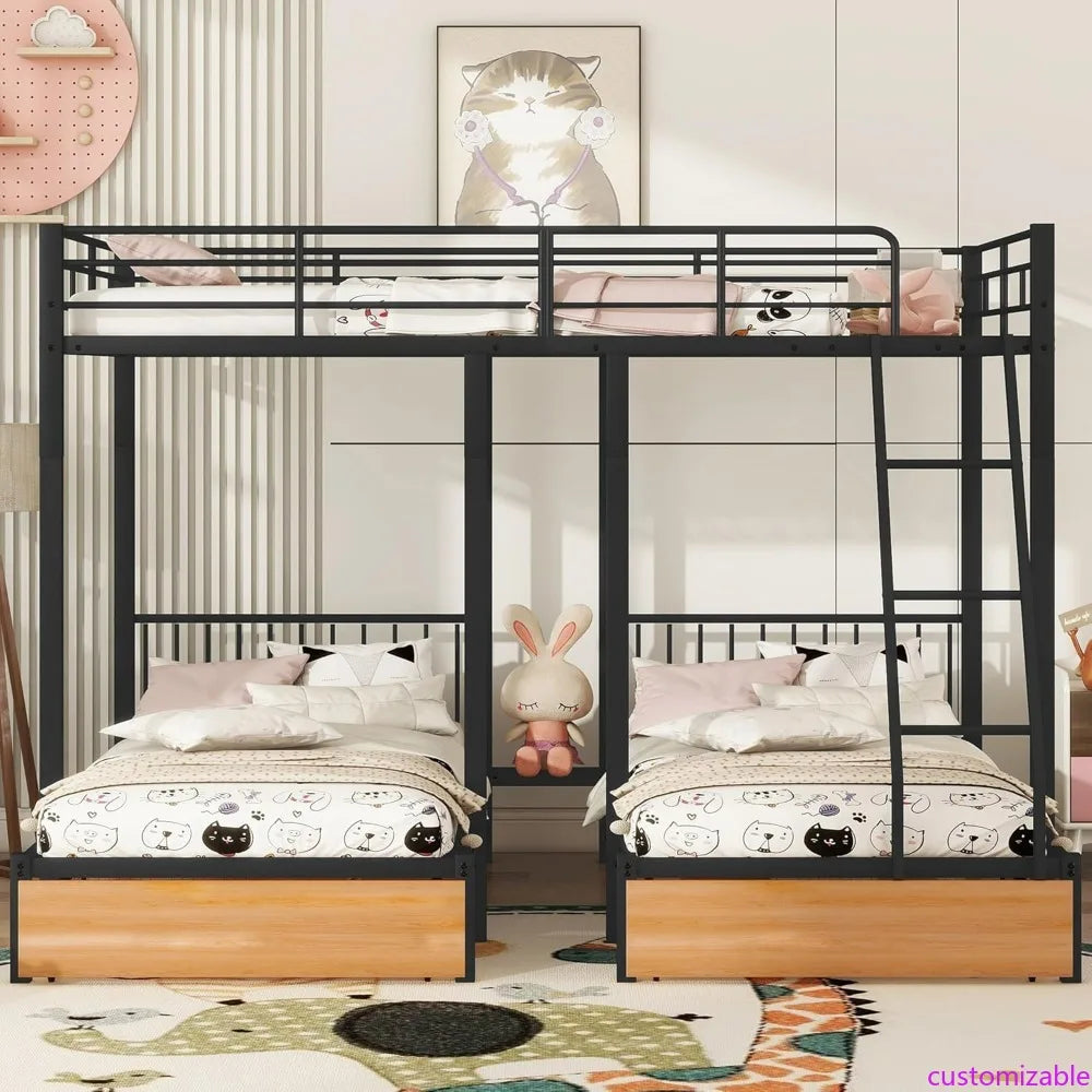 Sturdy Metal Triple Deck Bunk Bed, Full-Size Top with Twin Beds Below, Storage Drawers Included, 3-Bed Configuration/Convertible