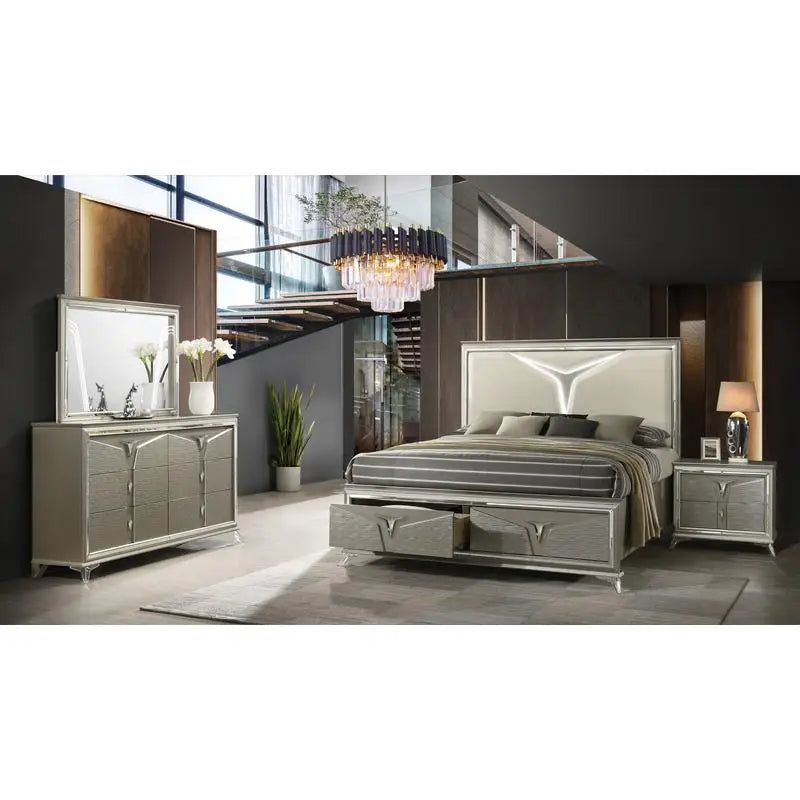 Modern Queen 4-Piece Bedroom Set with LED Headboard & Wooden Frame