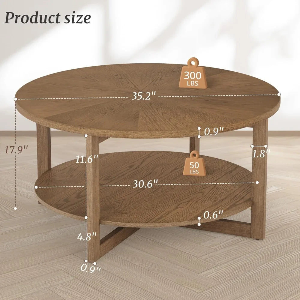 Rustic Modern 35" Circle Coffee Table with 2-Tier Storage Shelf, Dark Wood Living Room Furniture