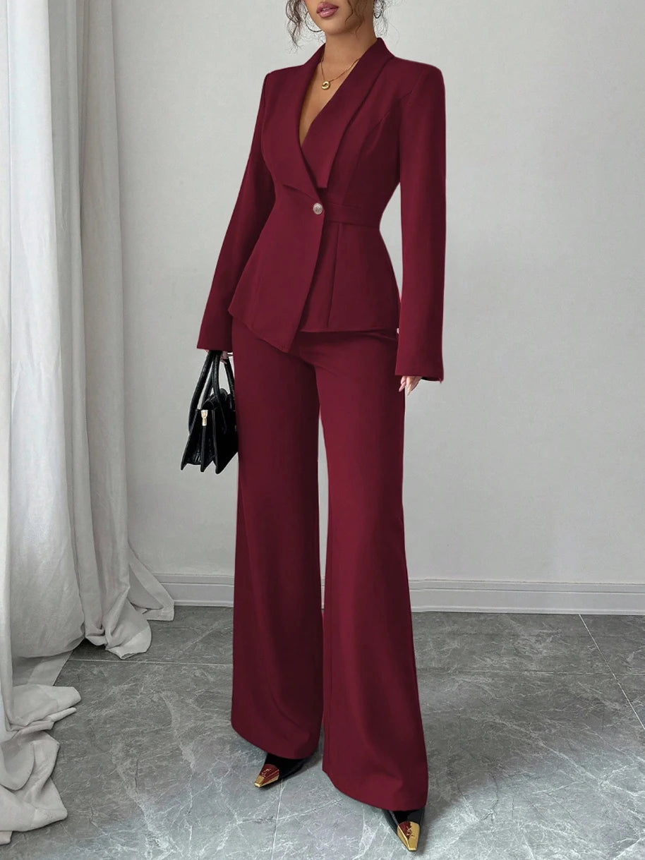 Women's Casual Elegant Solid Color Pocketless Green Collar Long-sleeved Jacket Top and Simple Wide-leg Pants Two-piece Set