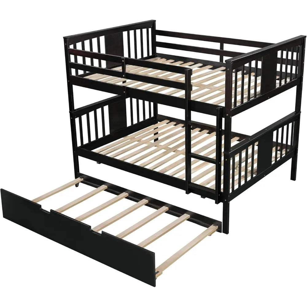 Twin Over Twin Bunk Bed with Trundle, Transformable into Individual Beds, Crafted from Solid Pine Wood with Safety Railing