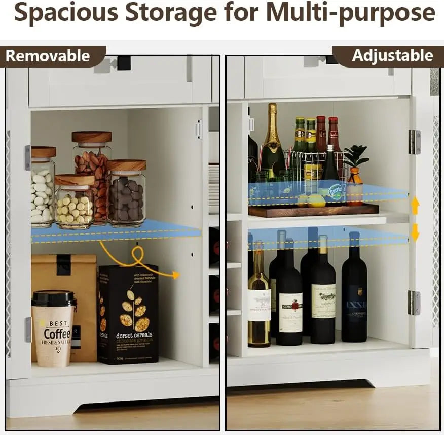 Farmhouse Wine Bar Cabinet with LED Lights, Kitchen Coffee Bar Cabinet with Acrylic Mirror, Wine & Glass Rack, Storage Shelves