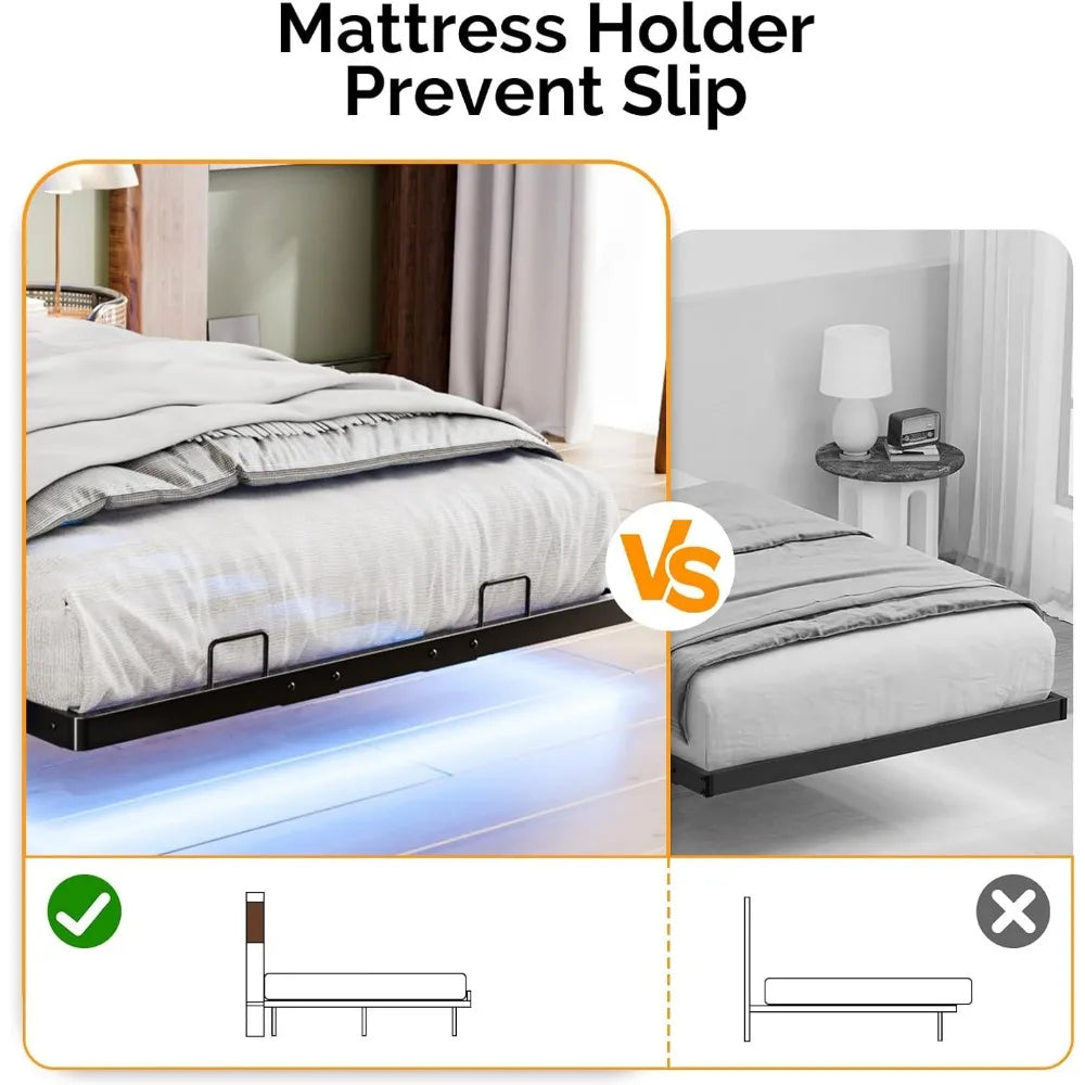 Full Size Floating Bed Frame with Headboard, LED Lights, Hidden Storage