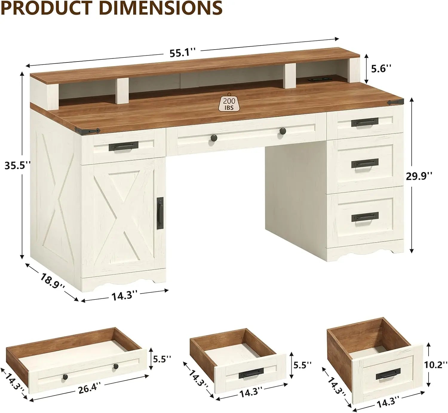 Farmhouse Executive Desk with Drawers & Storage Shelves, 55" Computer Desk with Power Outlets, Home/ Office Desk