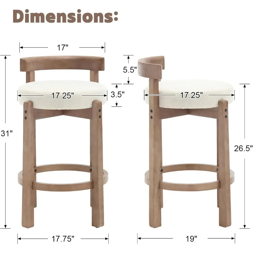 Mid Century Linen Bar Stools Set of 4, Upholstered, 26.5" Seat Height, Round Low Back Stools with Footrest