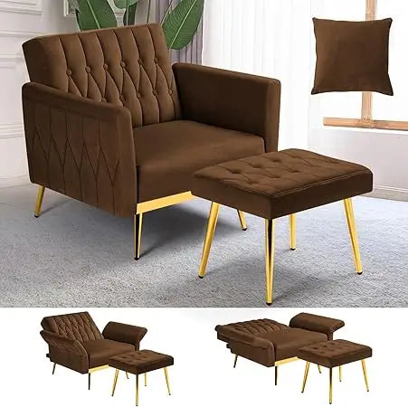 Upholstered Reclining Chair/Ottoman with Adjustable Armrests and Back, Button-Tufted Relaxation Seat