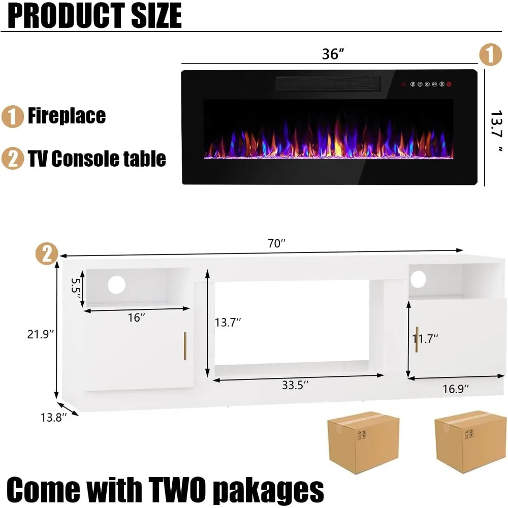 Fireplace with TV Stand 36" inch Electric Fireplace Up to 80" TVs, LED Light Entertainment Center, 70" Modern Wood High Gloss