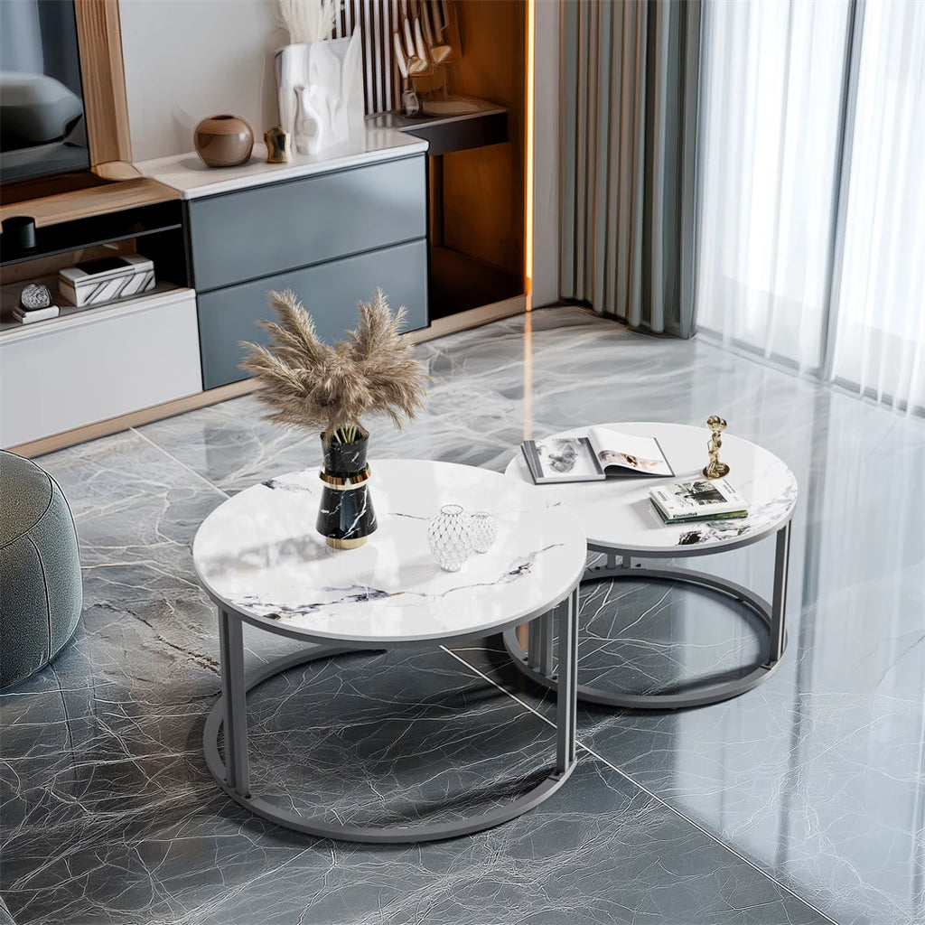 Set of 2 Round Living Room Nesting Table Anti-Rust Outdoor Stacking Center Coffee Table, Small Space Friendly