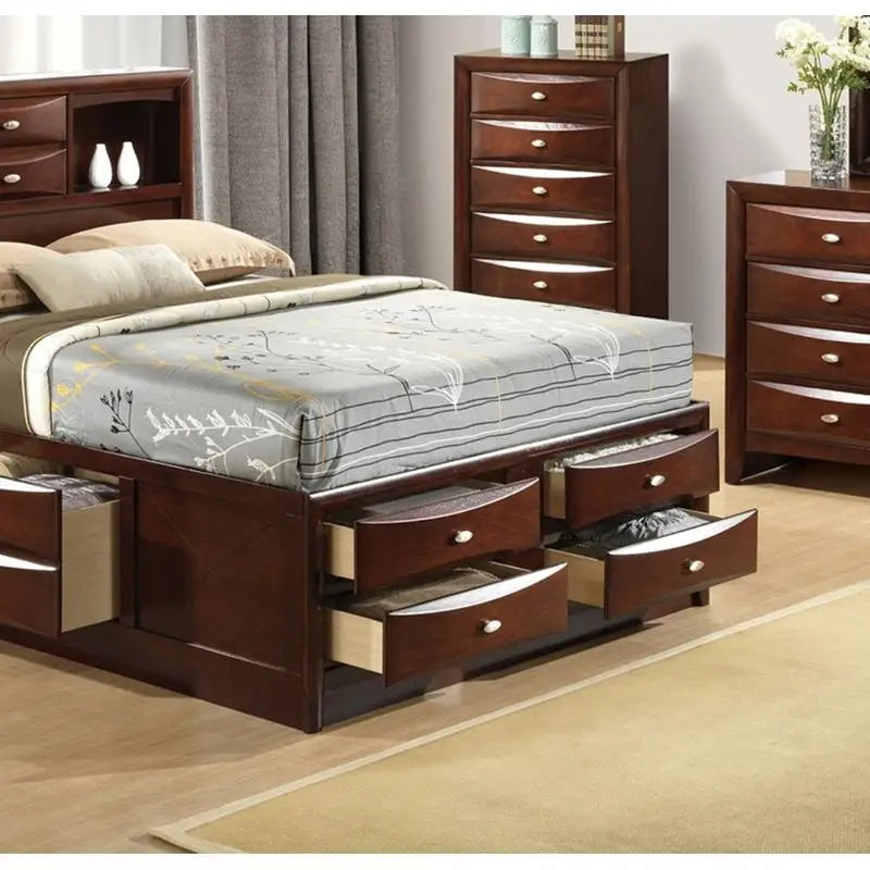 Contemporary King Size Bed with Footboard Drawers & Headboard Bookcase in Cherry Finish