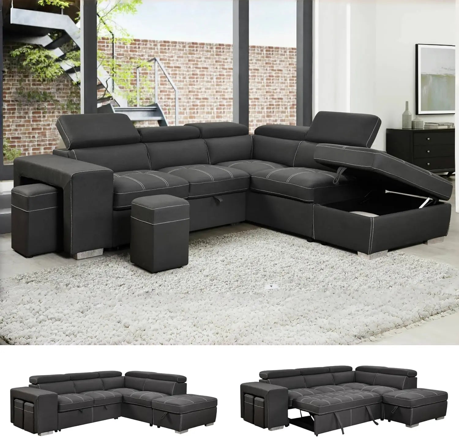 Microfiber Sectional Sleeper Sofa Couch Pull Out Bed with Right Facing Chaise, 5 Seats L Shaped Sectional Sofa Couch