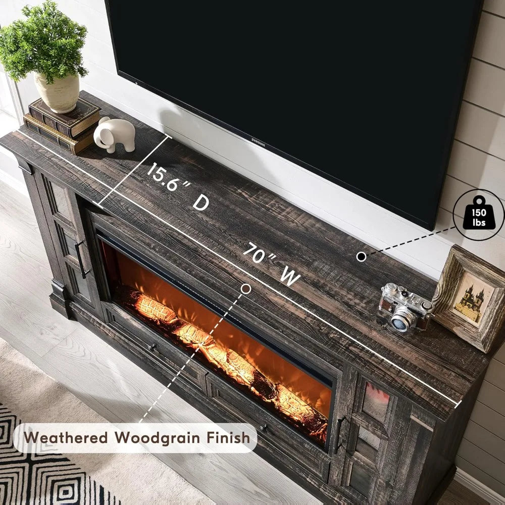 TV Stand with Fireplace for up-to-80" TV, Farmhouse 72" Entertainment Center with 42" Electric Fireplace, TV Console