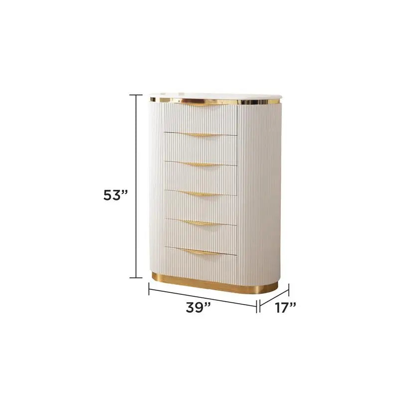 King Upholstered Bed Set, 6 Pieces with Gold Detailing, White Wood Finish