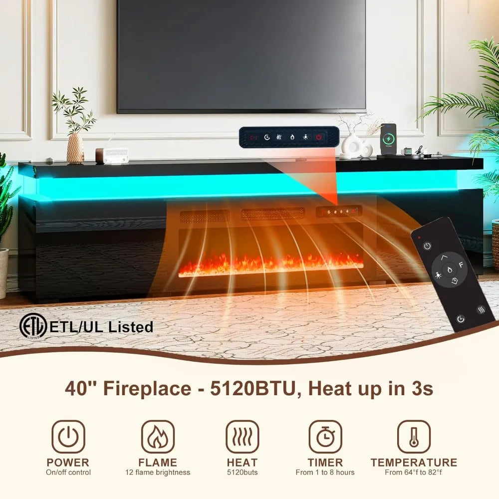 85’’ Fireplace TV Stand for 90 Inch TVs, With LED Lights, High Gloss