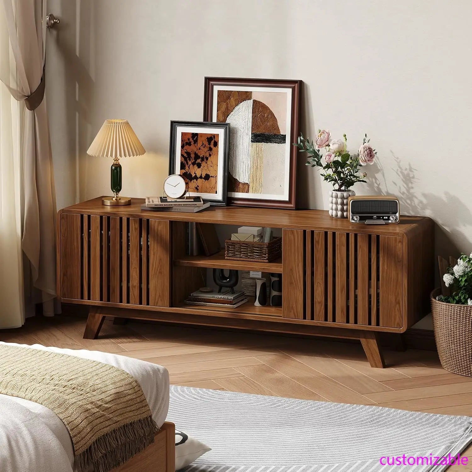 63" TV Stand for TVs up to 75", Entertainment Center & Sliding Grille Door Cabinets and Open Shelves for Living Room