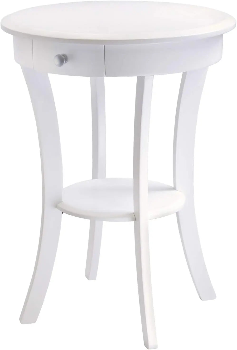 Sasha Round Accent Table with Drawer and Shelf, for Bedroom, Living Room, White