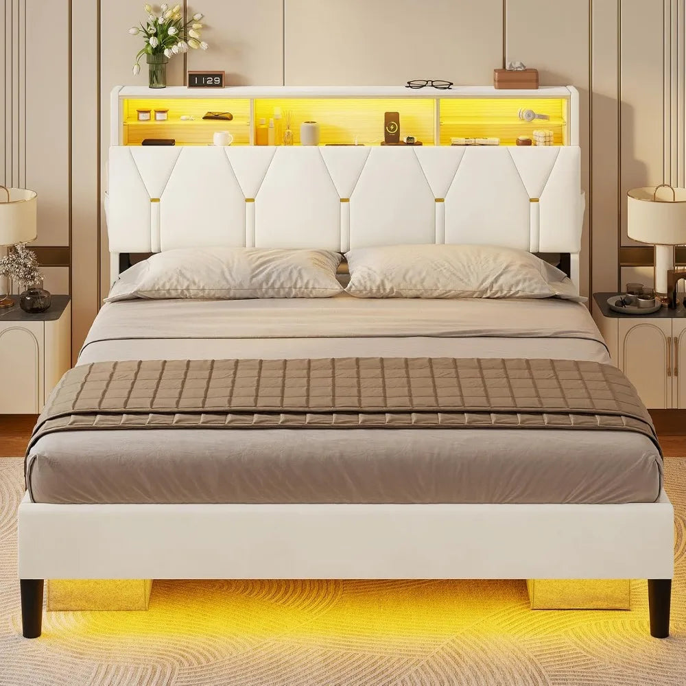 Queen Bed Frame with Storage Headboard and LED Lights, Velvet Upholstered Platform Bed Queen Size with Type-C & USB Chargers